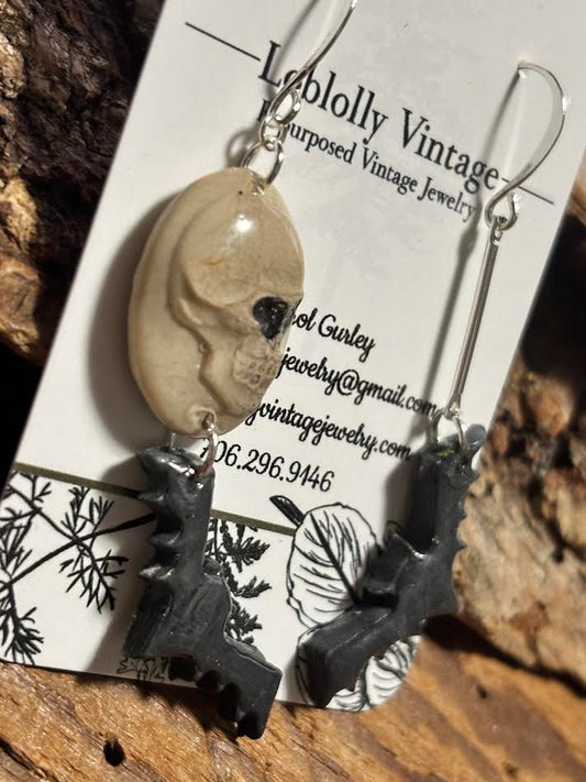 Midnight Skulls & Bats Dangle Earrings