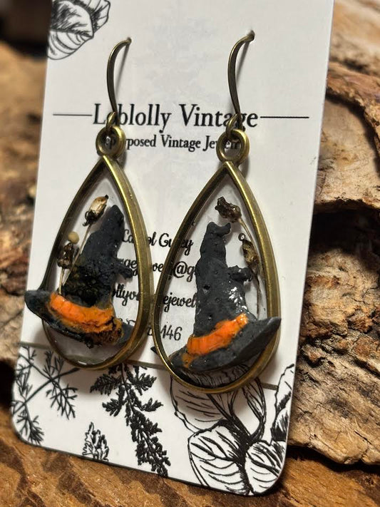 Midnight Witch Hat Botanical Teardrop Earrings