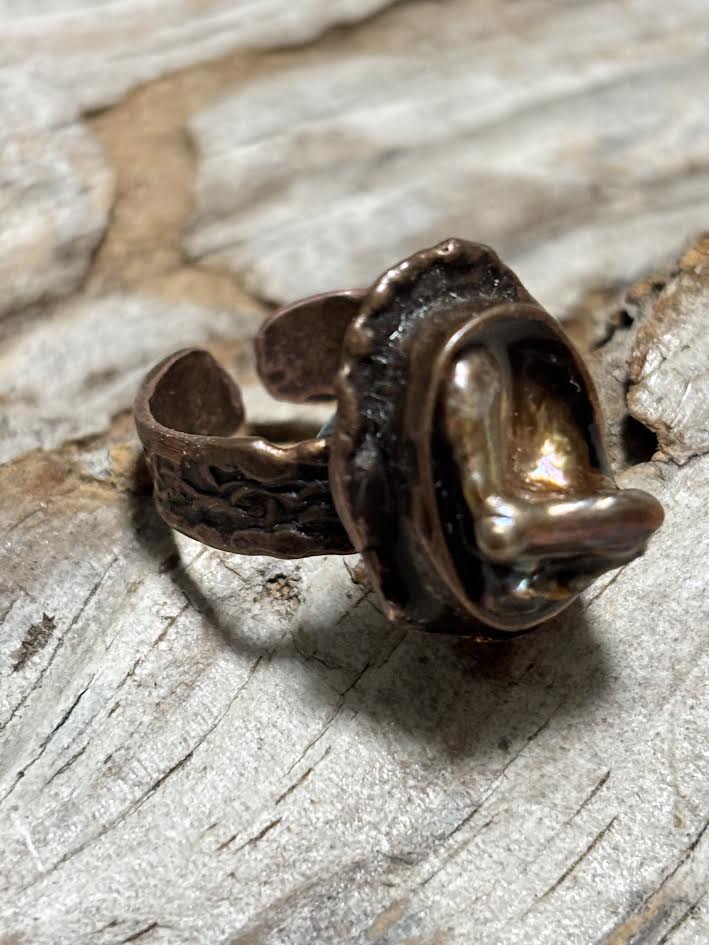 Forged Copper Ring with Chocolate Freshwater Pearl – One of a Kind