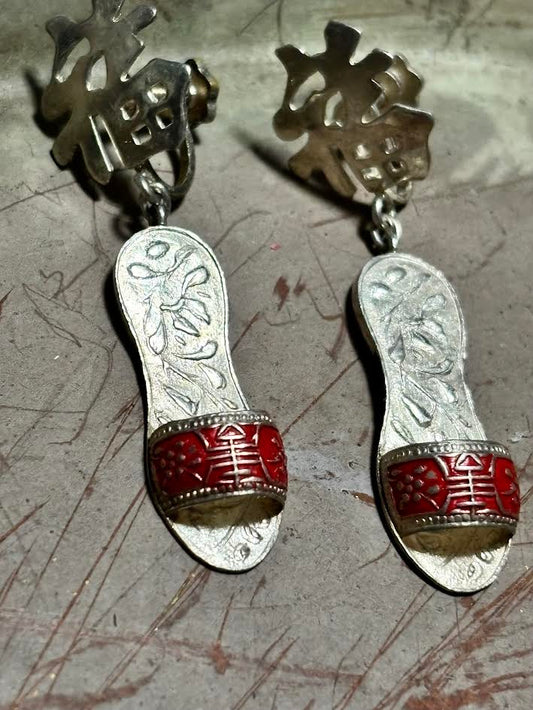Sterling “Double Happiness” Red Enamel Sandal Clip Earrings (Screw-On)