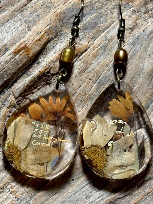 Golden Field Daisy & Pearl Drop Earrings