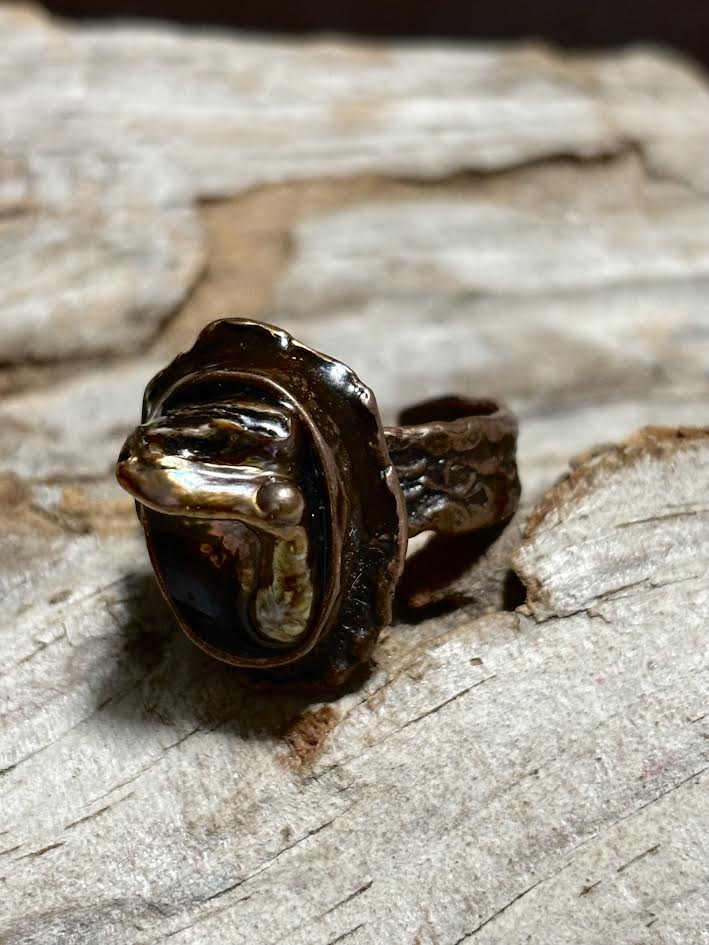 Forged Copper Ring with Chocolate Freshwater Pearl – One of a Kind