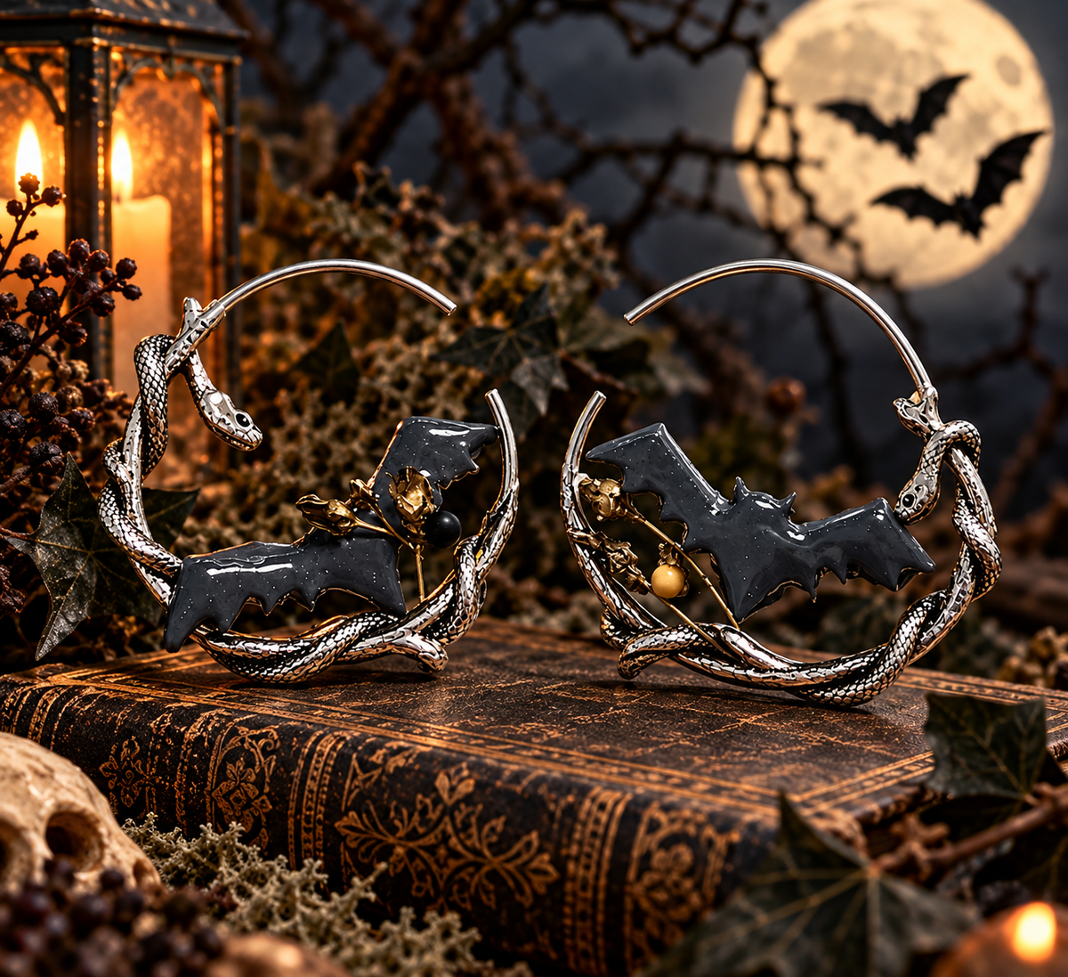 Midnight Bats on Serpent Hoop Earrings
