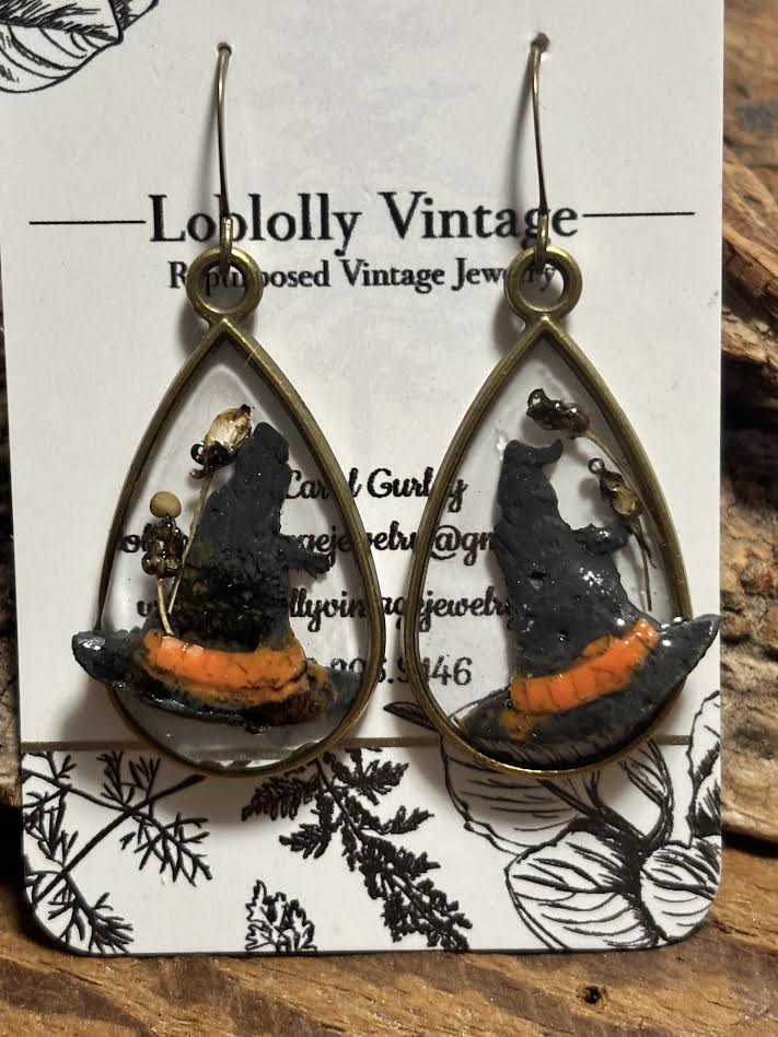 Midnight Witch Hat Botanical Teardrop Earrings