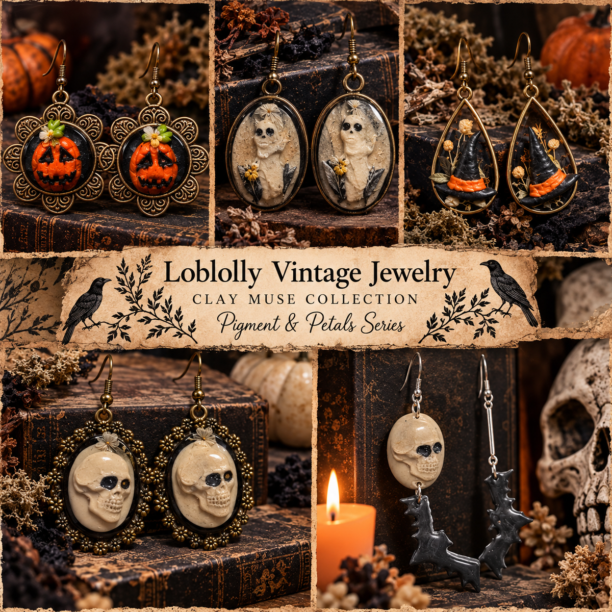 Midnight Skull Cameo Earrings – Gothic Floral Filigree