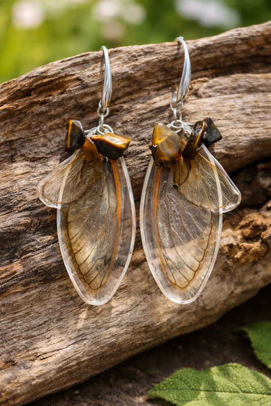 Golden Emergence – Brood XIX Cicada Wing Earrings