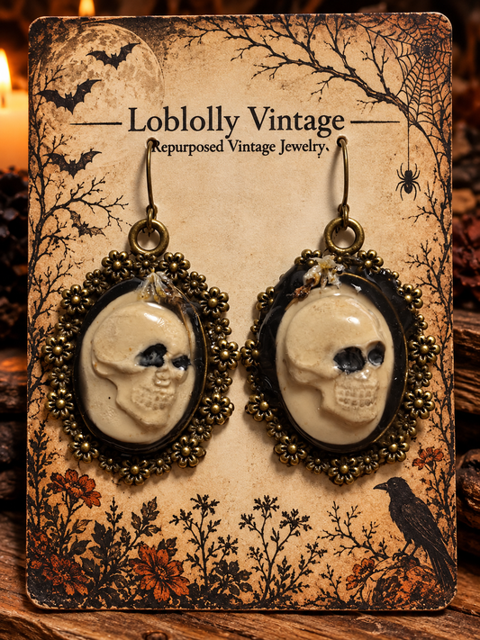 Midnight Skull Cameo Earrings – Gothic Floral Filigree