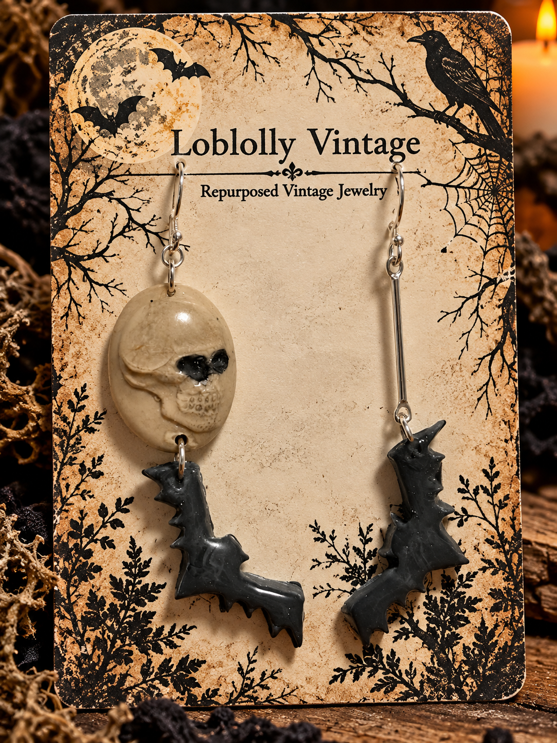 Midnight Skulls & Bats Dangle Earrings