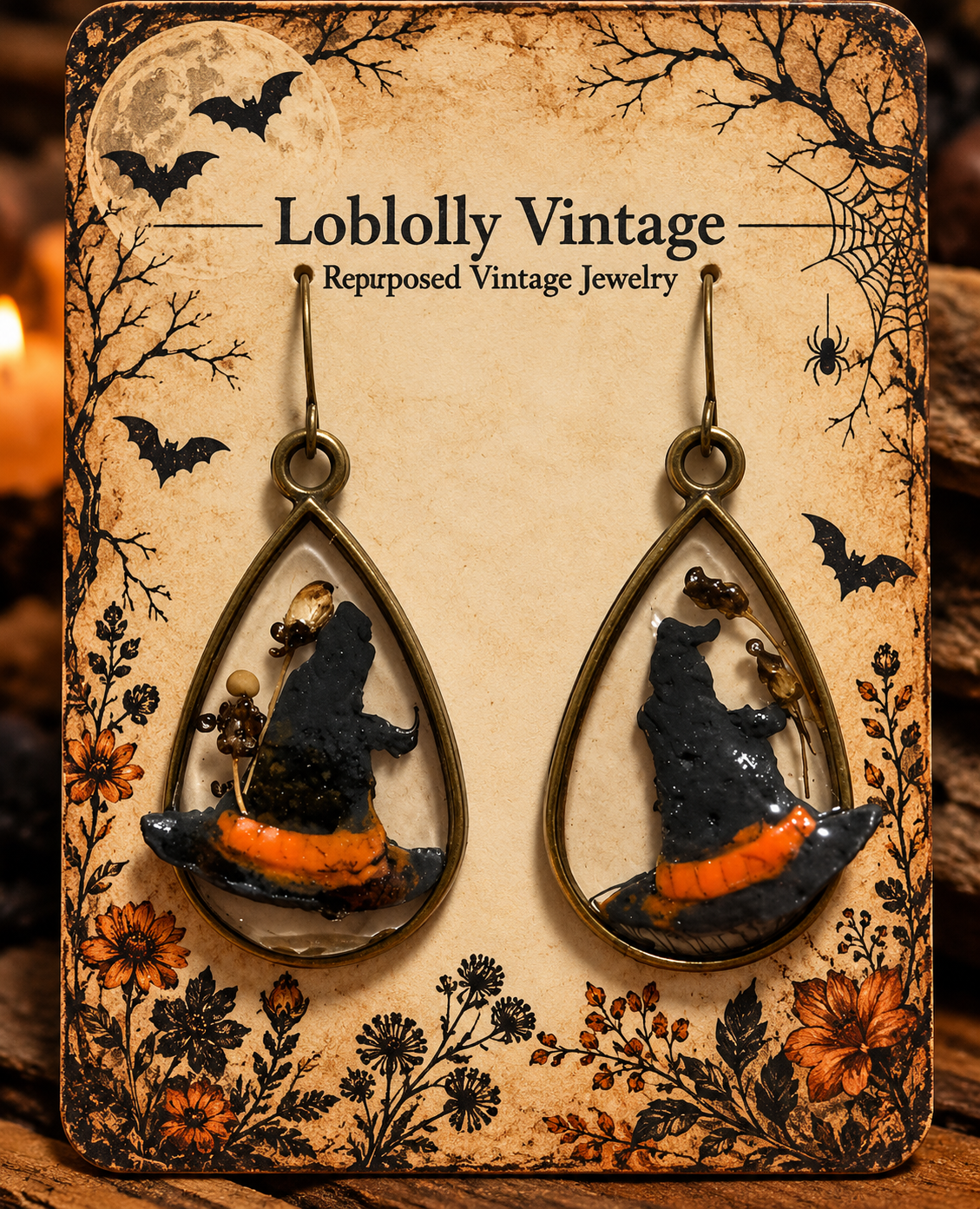 Midnight Witch Hat Botanical Teardrop Earrings