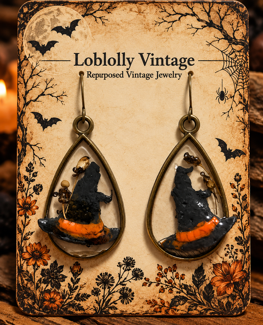 Midnight Witch Hat Botanical Teardrop Earrings
